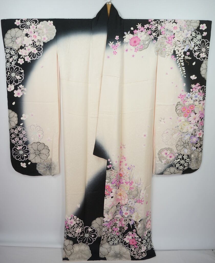 京友禅 刺繍 3点セット 振袖 袋帯 花柄 正絹 黒 白 ピンク 031
