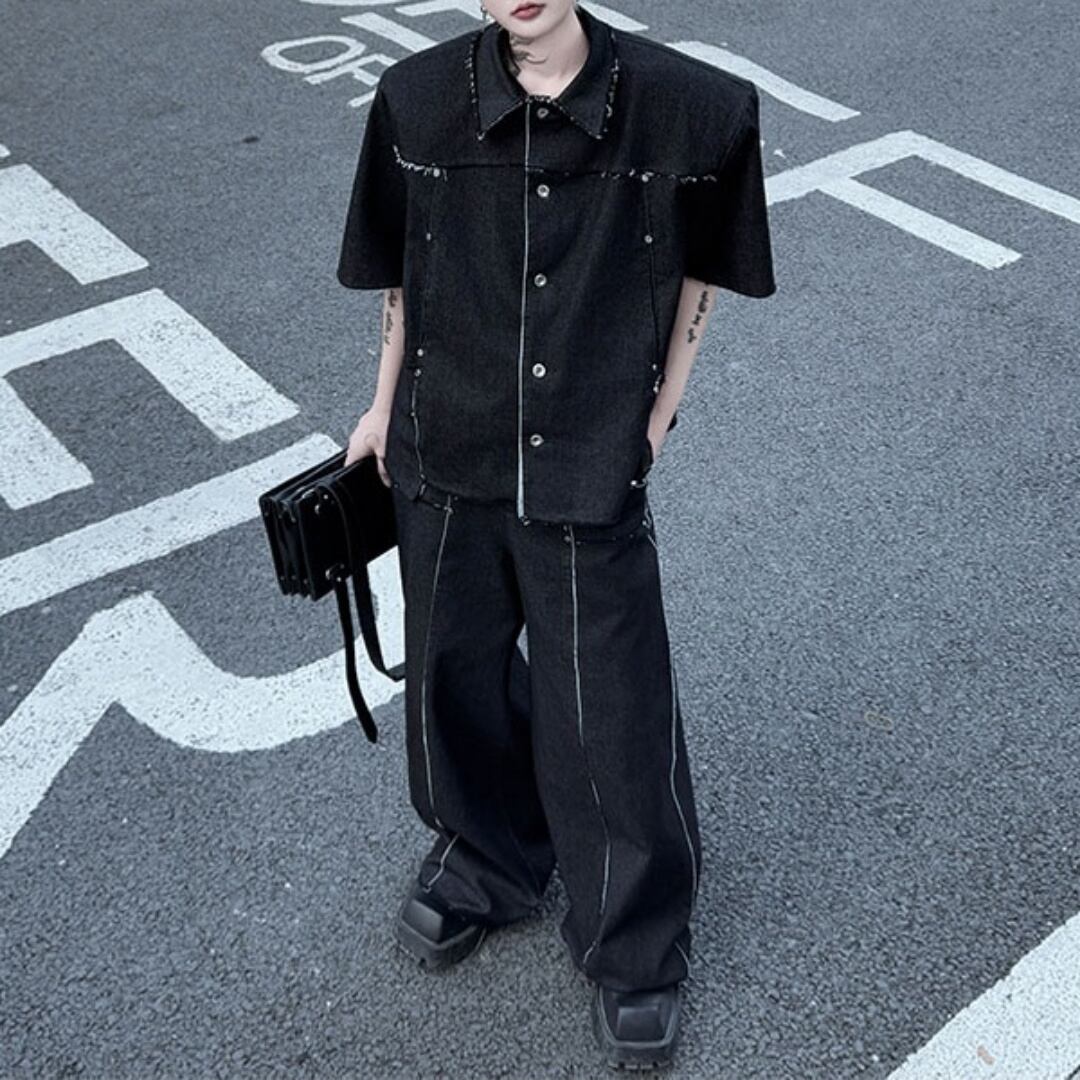 デニムセットアップMサイズ デニム セットアップ ルーズ ワイドパンツ メンズ 韓国 ジーンズ