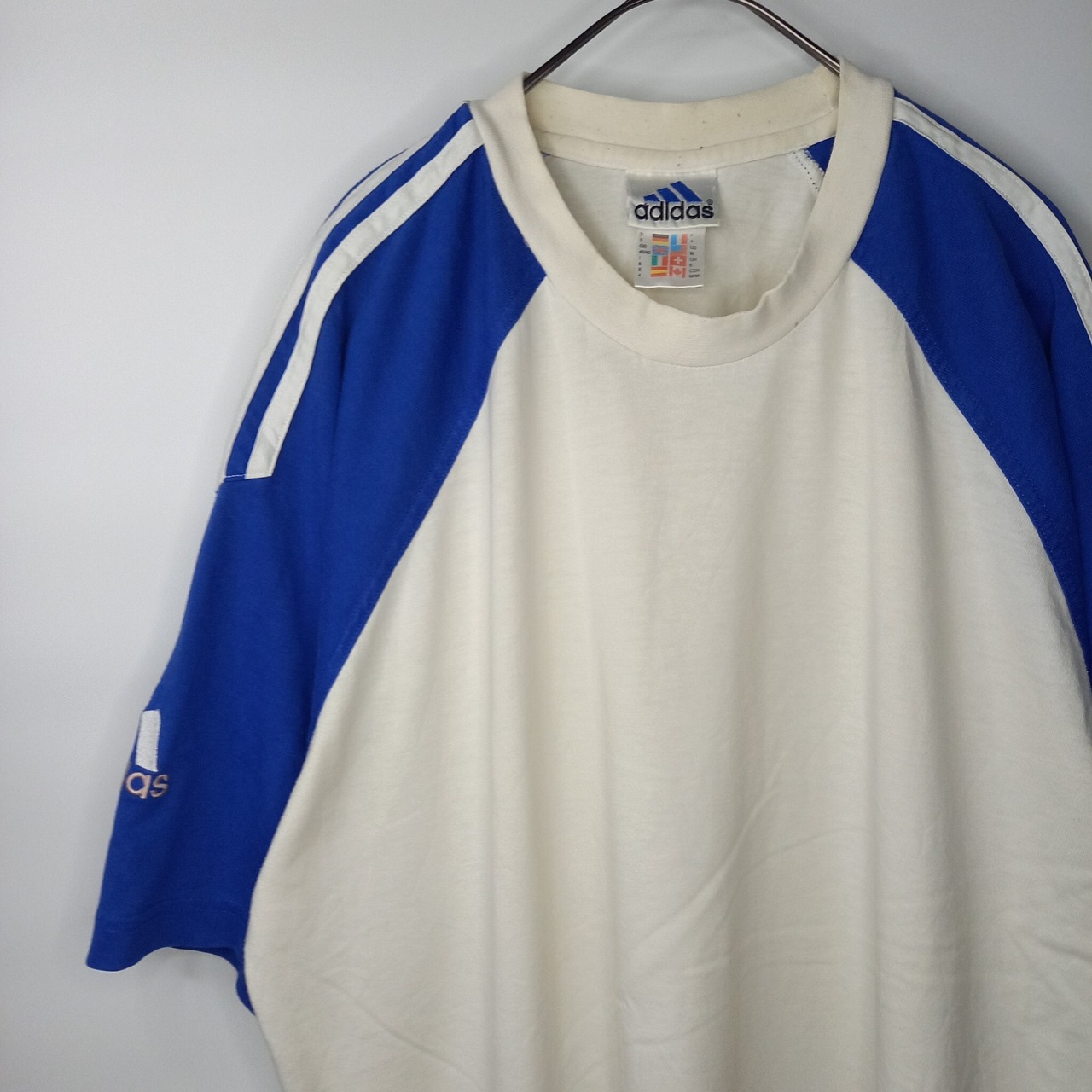 90s　アディダス　ラグランTシャツ　半袖　ストライプ　刺繍ロゴ　白　青