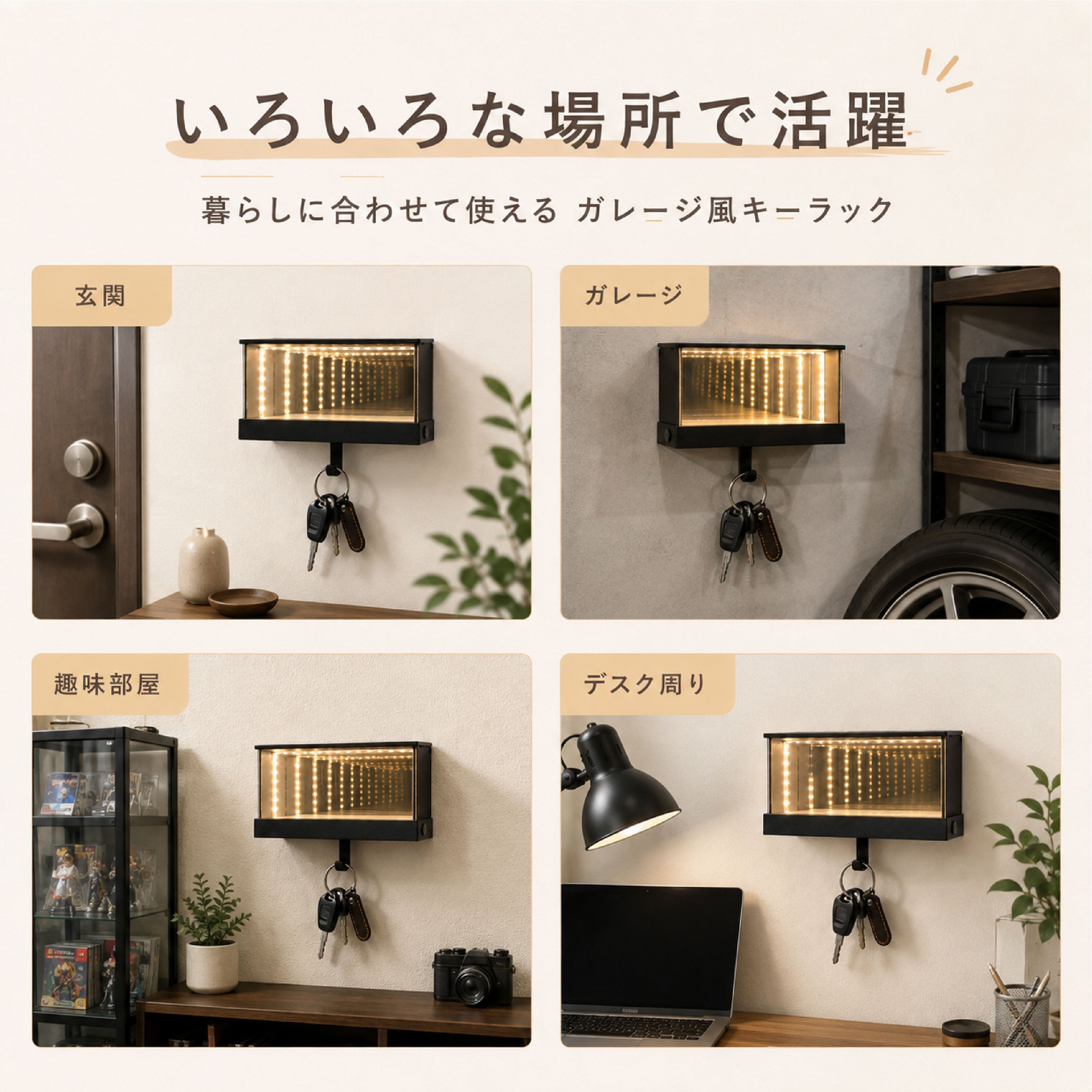 JY 785 . LEDミラーキーフック 壁掛け鍵収納 ガレージ風インテリア
