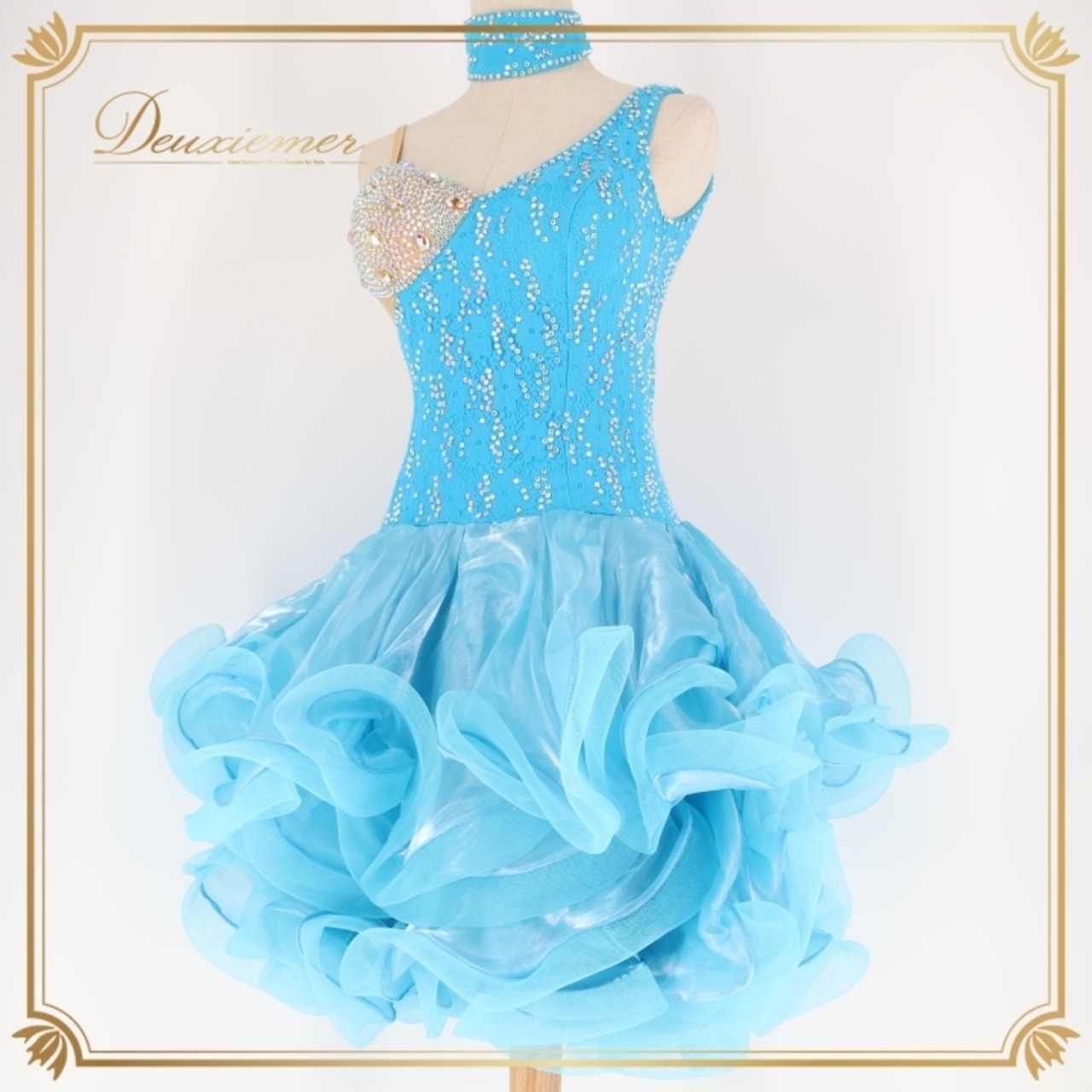 社交ダンス 衣装 白樺ドレス ラテン ドレス ワンピース フリル 水色 デモ 競技 ダンス パーティ 発表会 レース ボリューム かわいい ブルー系 ストレッチ フリルスカート ショートドレス 販売用 衣装ダンス おしゃれ フォーマル ステージ衣装 競技用衣装 楽しいダンス 発表会用 レディース