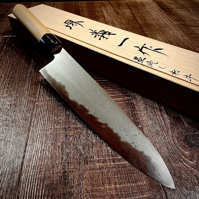 "Yoshikazu Tanaka"  Wagyuto  blue1 steel 240mm  Suminagashi  Buffalo Magnolia Handle kiri box