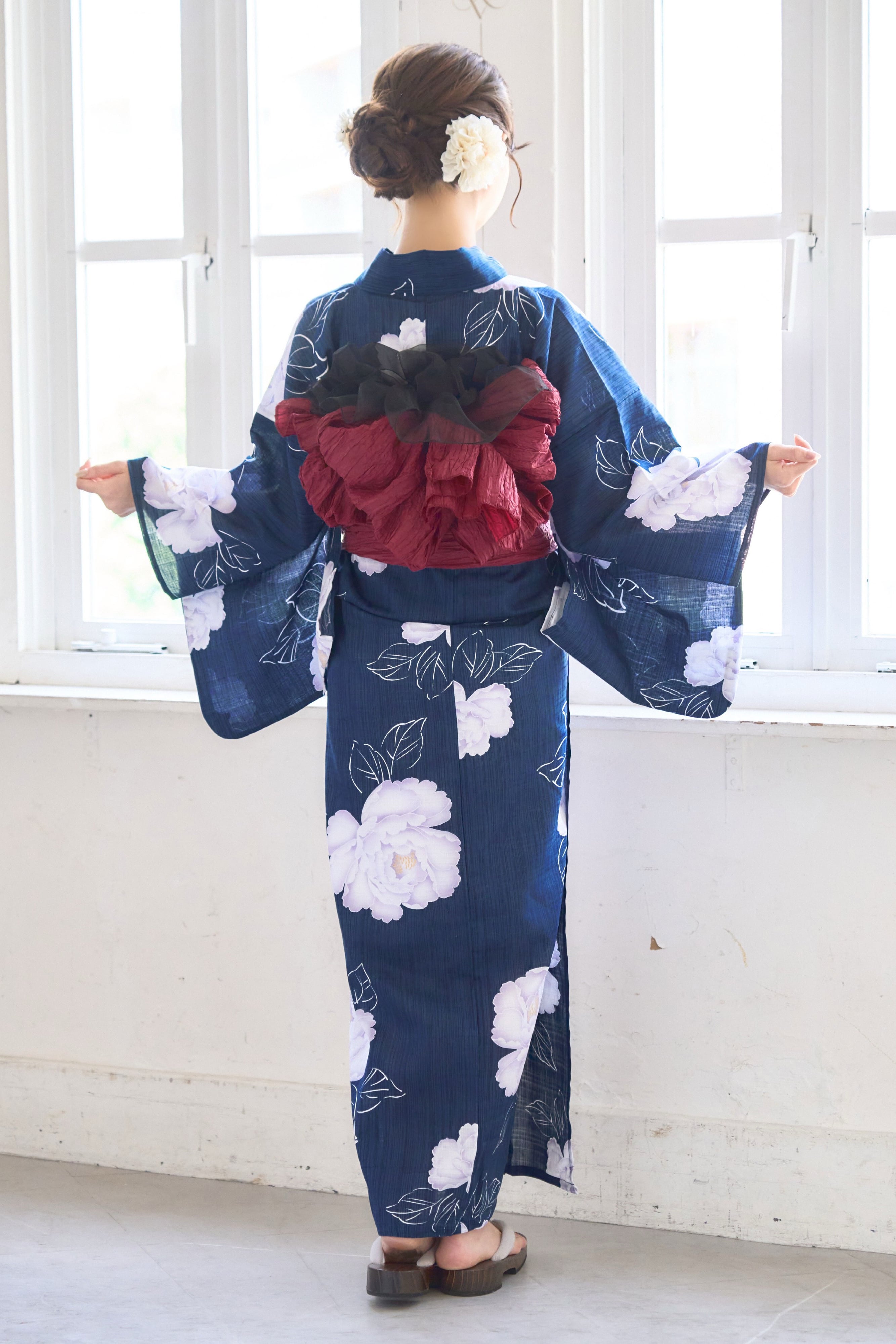 浴衣　大きめサイズ　浴衣 3L 牡丹　濃紺　兵児帯エンジ　2点　新品　0724⑦ 浴衣セット 2点セット 兵児帯 藍 紺 ネイビー 幾何学 木綿 大人