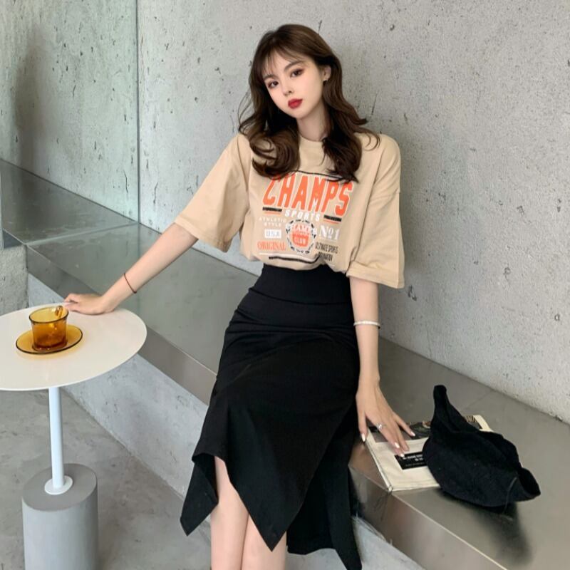 プリントTシャツ スプリングサマーラウンドネックルーズトップス ハイウェストウェストサイドスリットAラインスカート 春物 夏物 Oネック ドラファッションホール78514562118