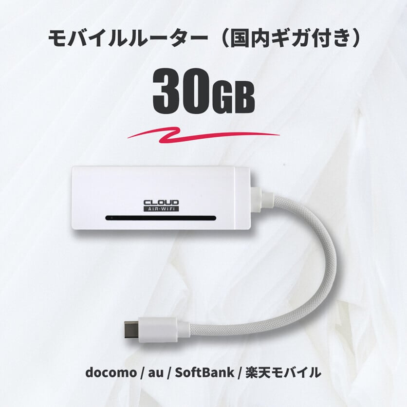 国内ギガ（30GB）+ モバイルルーター（HUNDRED Wi-Fi チャージ Type 本体）USB / 車載 / バッテリーレス
