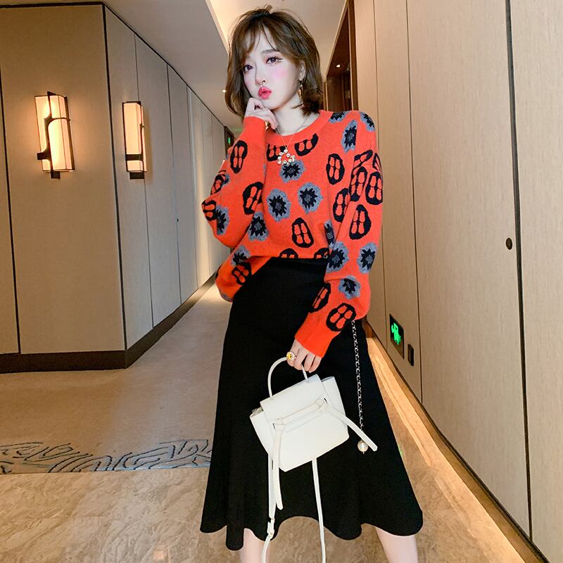 パターンラウンドネックルーズニットセーター レディースウィンター 冬物 Oネック MIUCO53774456407