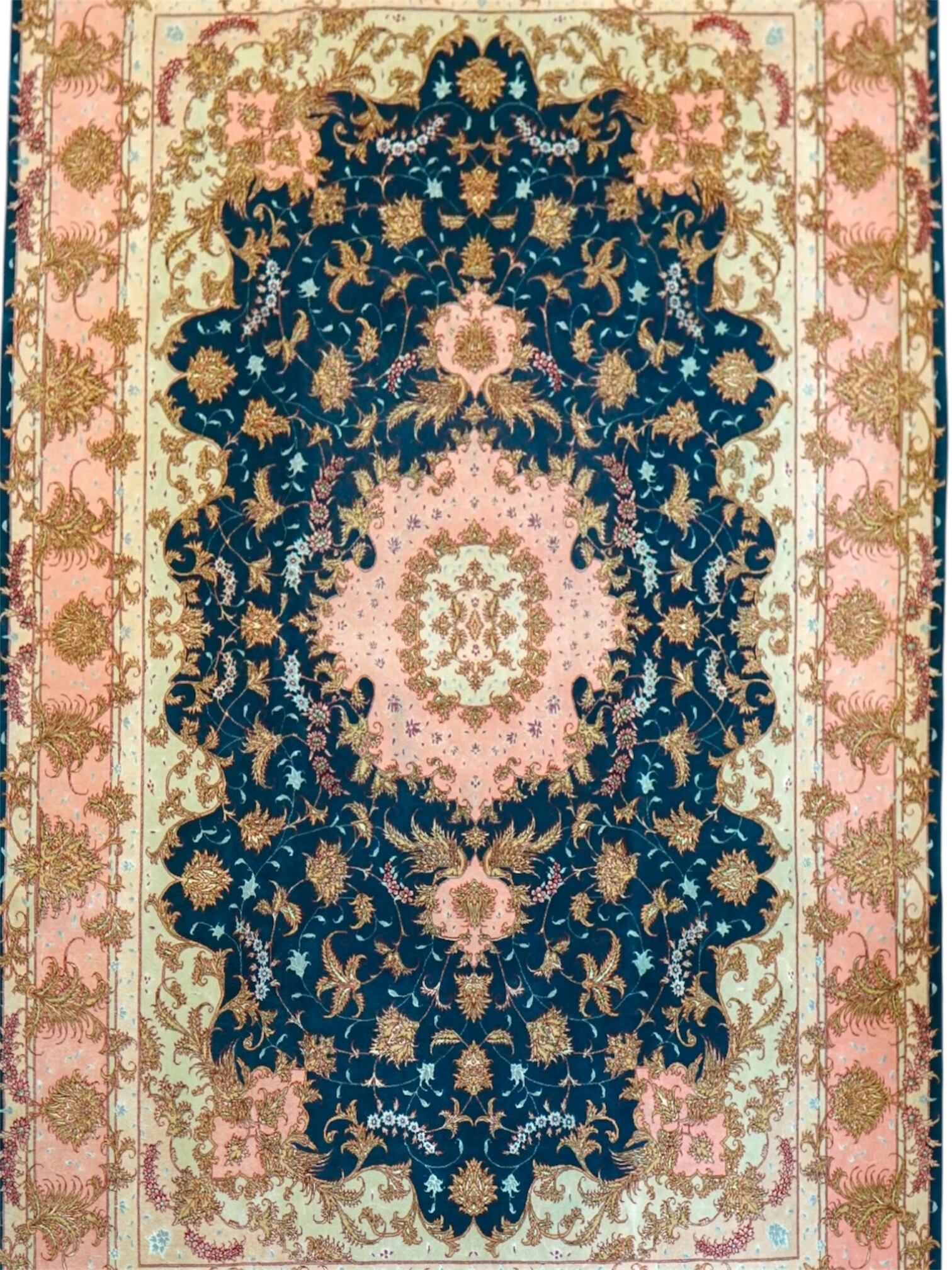 155×100cm 【ペルシャ手織りクム産のシルク100%絨毯】証明書付