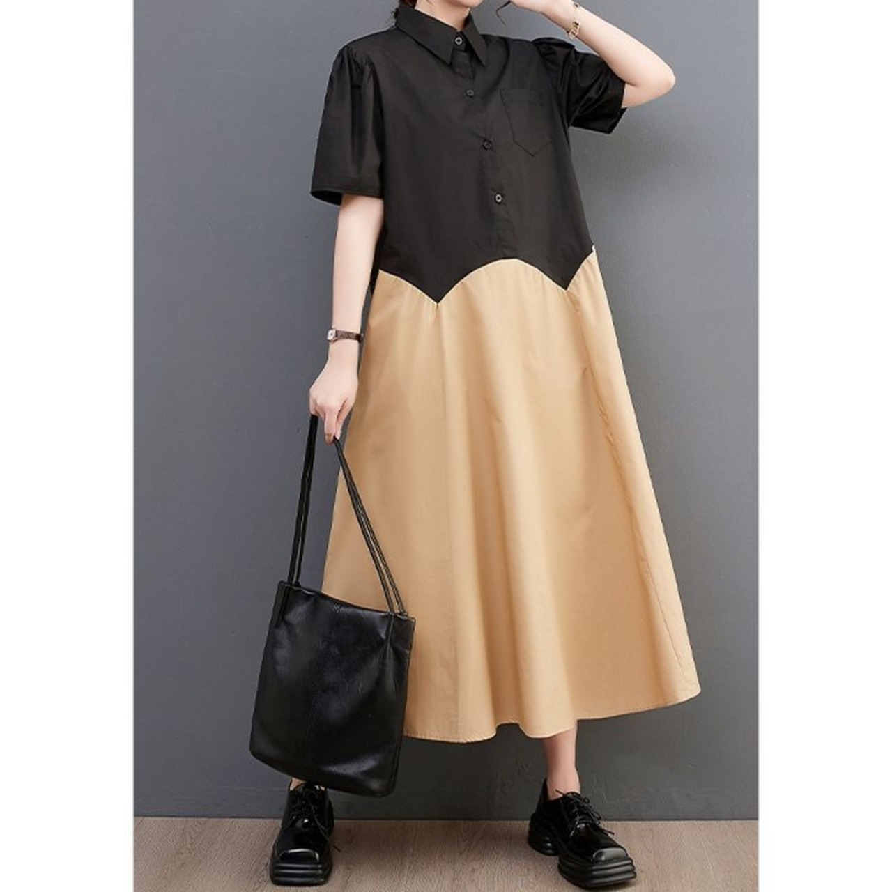 バイカラー フレア シャツワンピース  30101