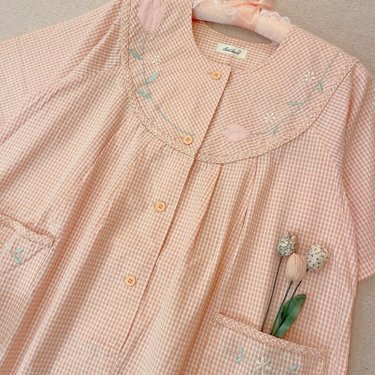 orange gingham check flower one-piece