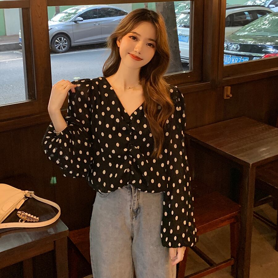 水玉シフォンシャツ サマーVネック薄手トップス ロング 夏物 YY-ファッション7144341485