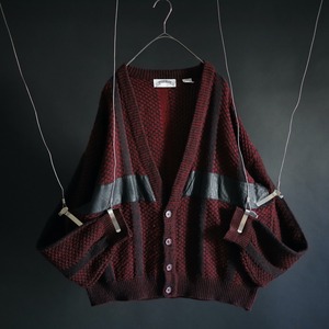 over silhouette black leather patchwork design  burgundy knit cardigan