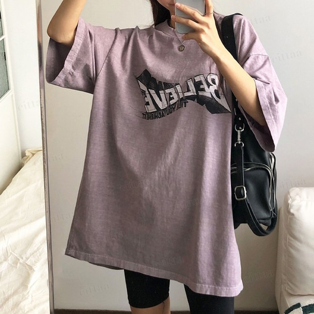 【即納】Y-4844　2026春新作♡BELIEVEロゴピグメント加工半袖Tシャツ　パープル　0313
