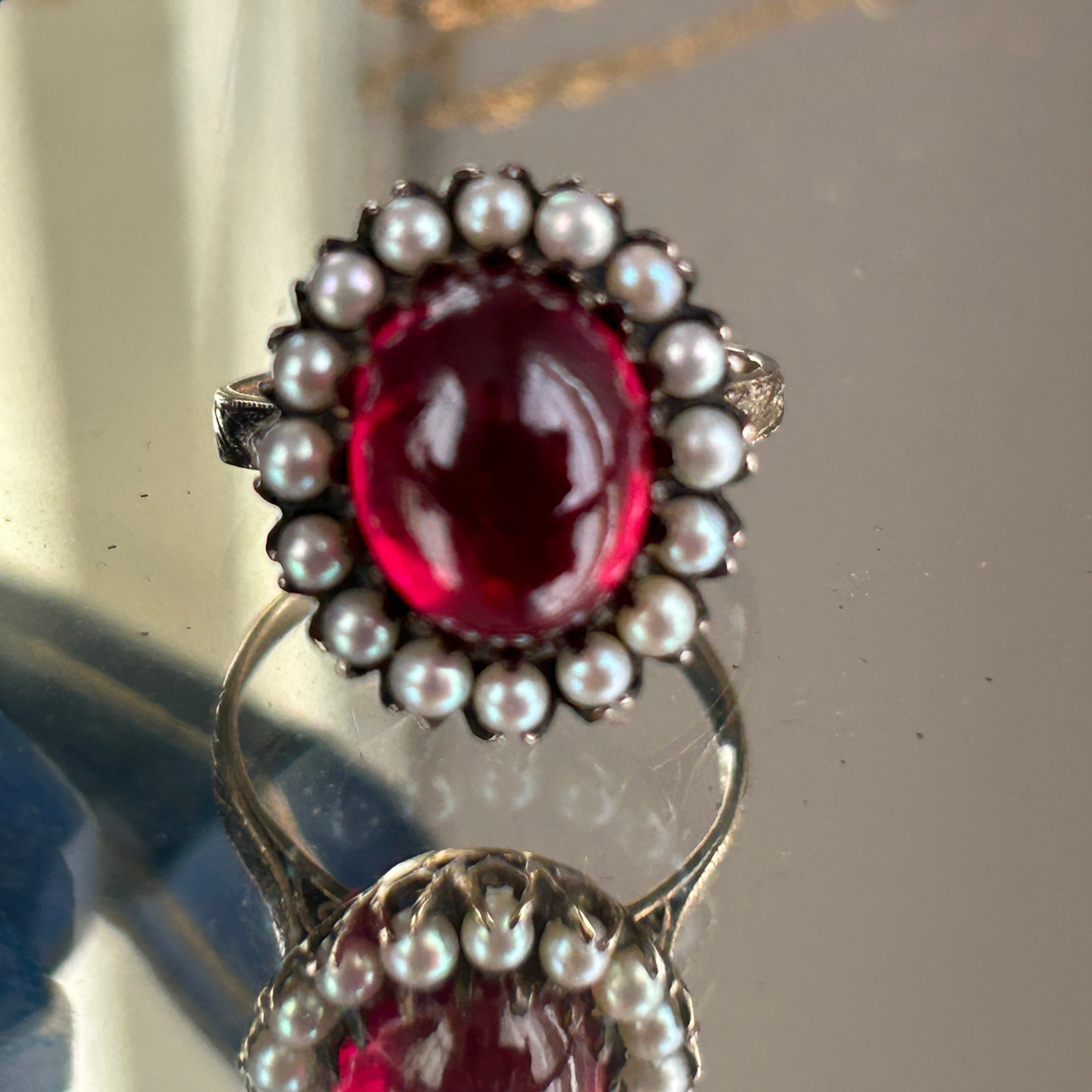 Viotage K12合成ルビーカボッションあこやベビーとりまきリング