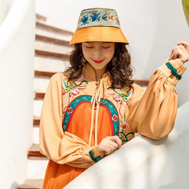 チャイナ風帽子 バケットハット 刺繍 サテン ブルー オレンジ 民族風