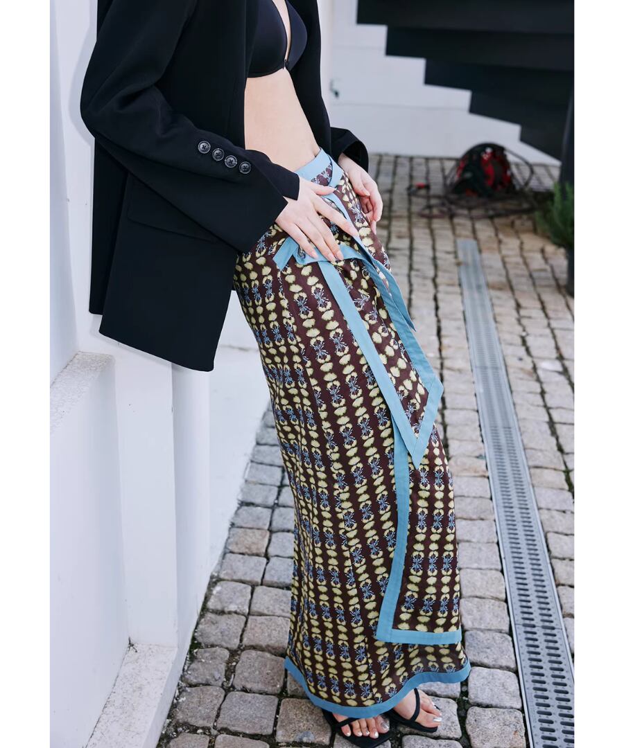 ラミー混◆カラーブロックプリントスカート【s-60102】