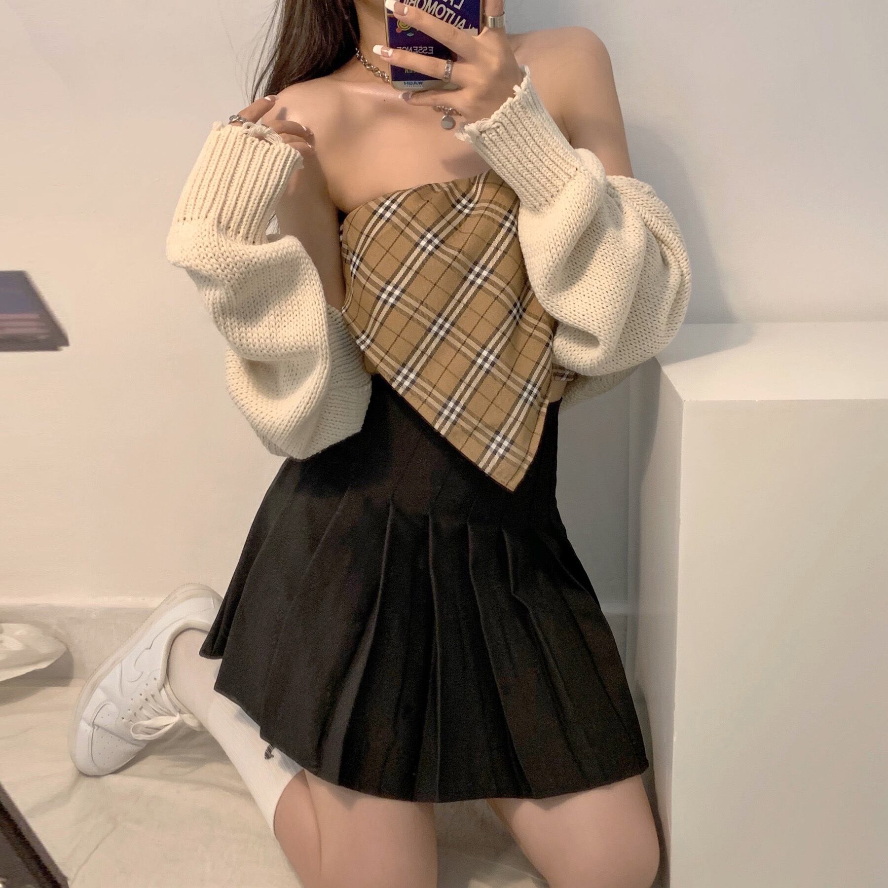 スタイルサマー格子柄トライアングルスカーフ トップス プリーツハイウェストウェストスカート 夏物 ハンチェンe61929055102