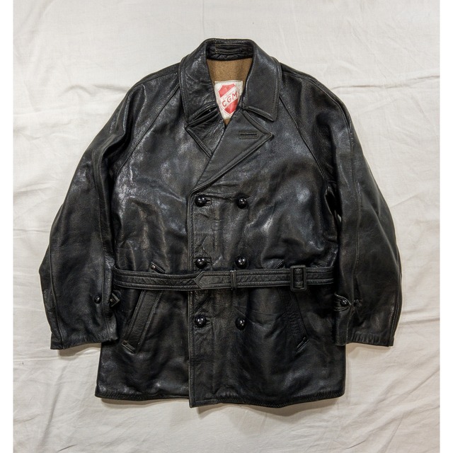 【1940-50s】"Italian Vintage" Black Double Breasted Goatskin Leather Tankist Jacket, Good Condition