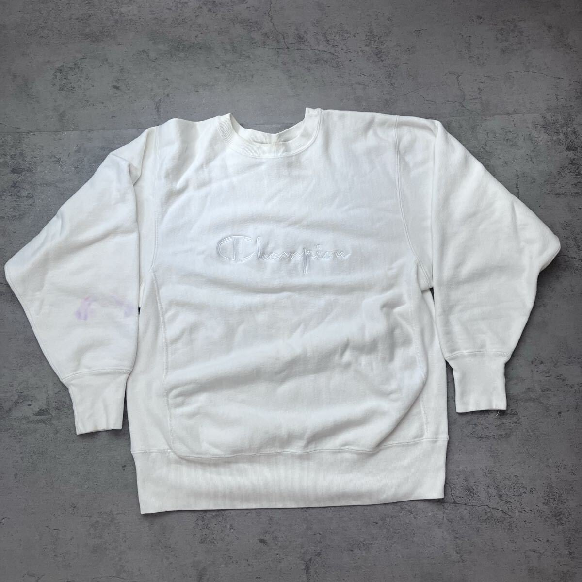 ホワイト　90s USA Champion リバースウィーブ 90s USA製 Champion Reverse Weave White on White 刺繍ロゴ L