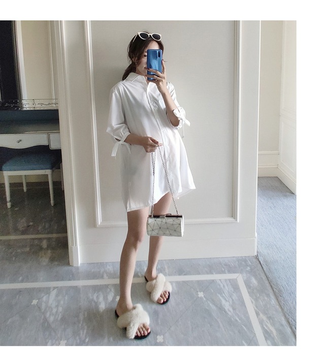 マタニティ ワンピース ホワイトシャツワンピース 産前産後ok 彼シャツ チュニック サイズ豊富 マタニティーワンピース専門店 Ninpuku