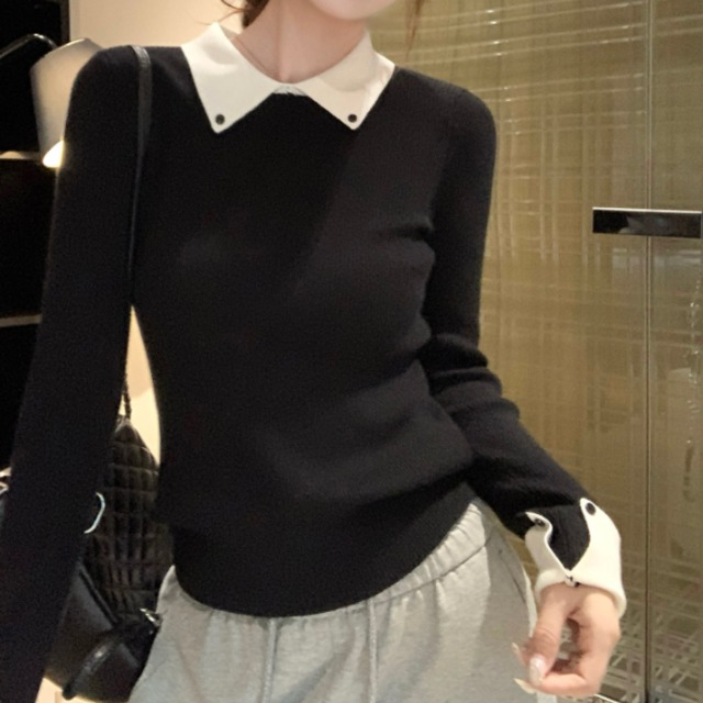 【送料無料】 セーター 2色 色 リブニット 30代 40代 女性用 レディース ママ 長袖 襟付き プルオーバー ボタン 異素材切り替え ドッキング 無地 かわいい 大人可愛い 大人女子 こなれ感 シンプル カジュアル 大人 上品 おしゃれ お洒落 ラフ コンサバ オフィスカジュアル デート お出かけ お茶会 女子会 休日 授業参観 OL 通勤 オフィス ビジネス 冬 着回し プチプライス デイリーユース 普段使い ファッション コーデ スタイル 楽ちん 定番アイテム ブラック グレー 大人カラー