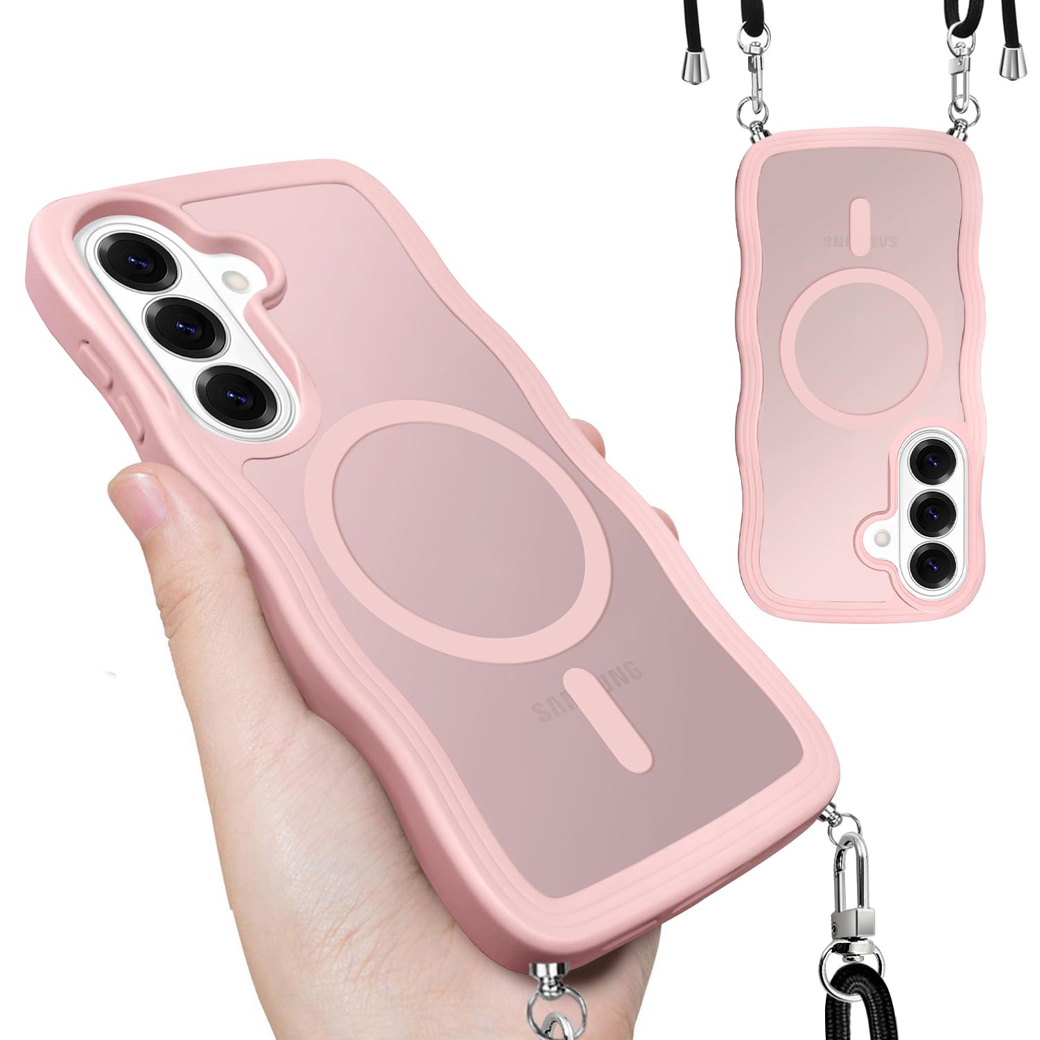 対応 Galaxy S26 ケース ストラップ付き ショルダーギャラクシー S26 カバー Magsafe対応 ストラップ付き 半透明 ピンク