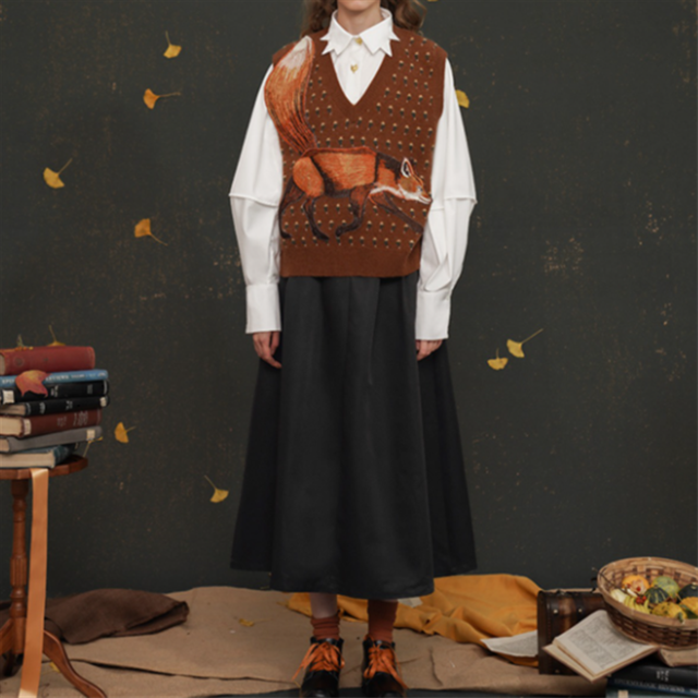 【Camoooni】キツネデザインVネックニットベスト　2color　10363