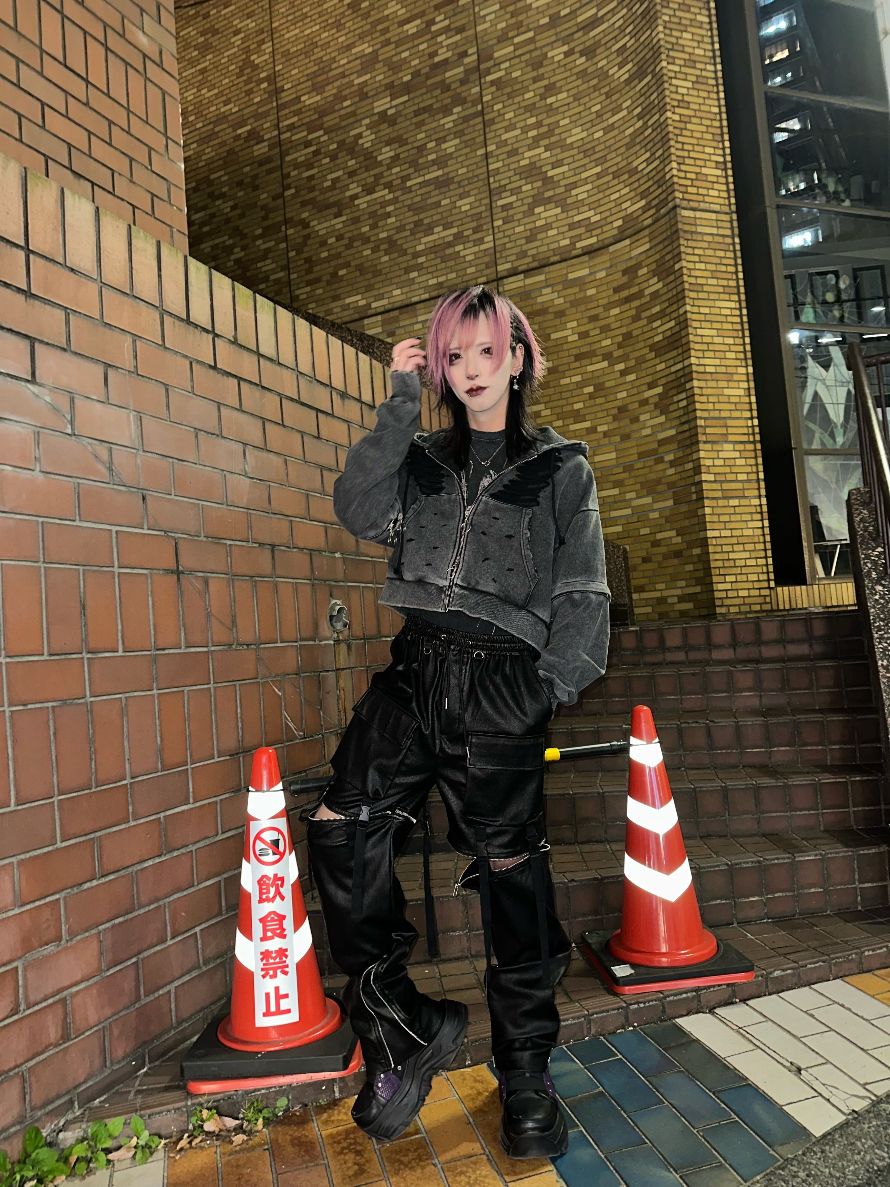 PSYNYXX ダブルジップダメージパーカー（ショート）サブカル 地雷