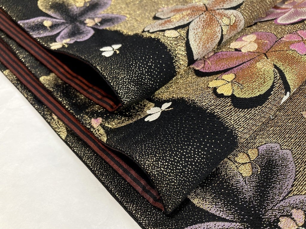 振袖 3点セット 金通し 金駒刺繍 袋帯 襦袢 花柄 桜 梅 菊 正絹 黒 白