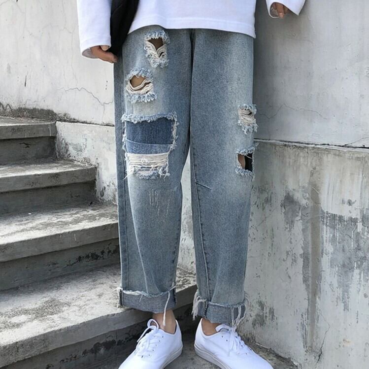 全1色 デニム パンツ ストレート カジュアル ダメージ おしゃれ