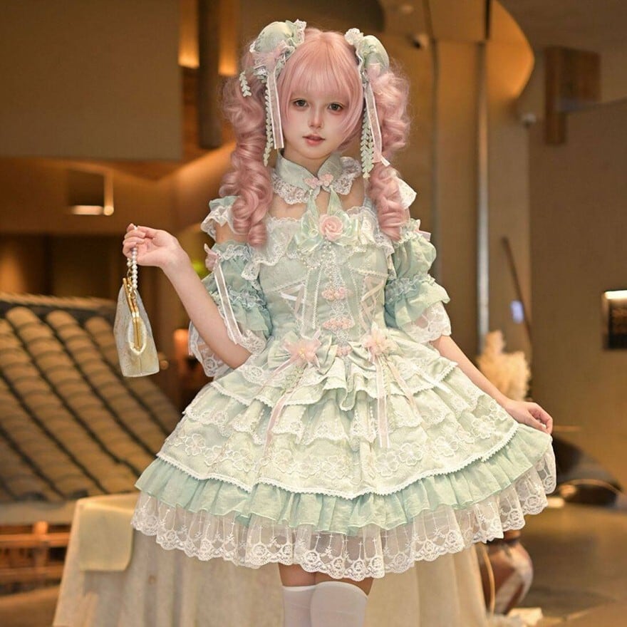 甘ロリJSK 3色展開 豪華レースフリル姫系ロリータドレス パフスリーブ