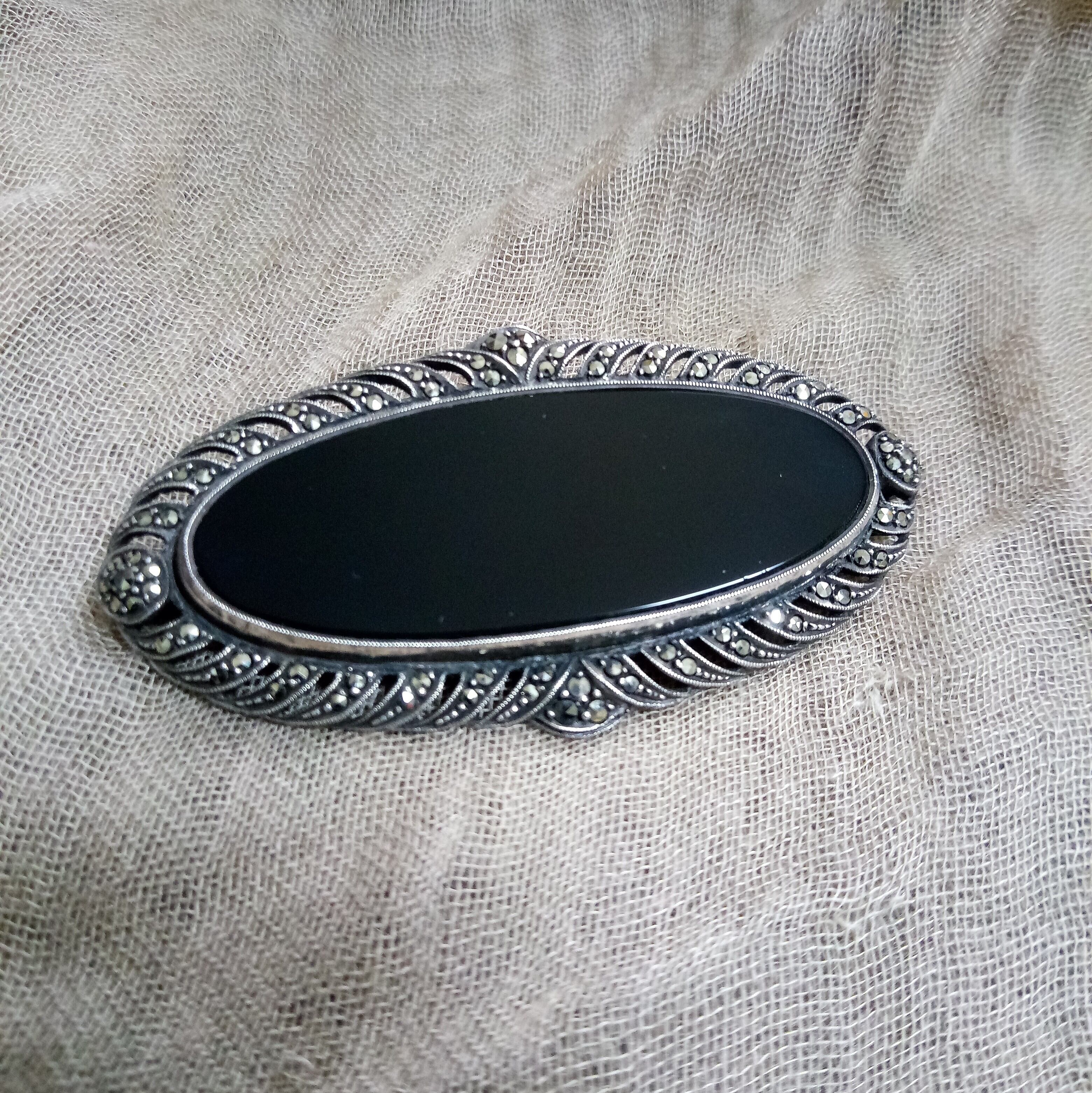 Vintage Silver, Onix and Marcasite Brooch