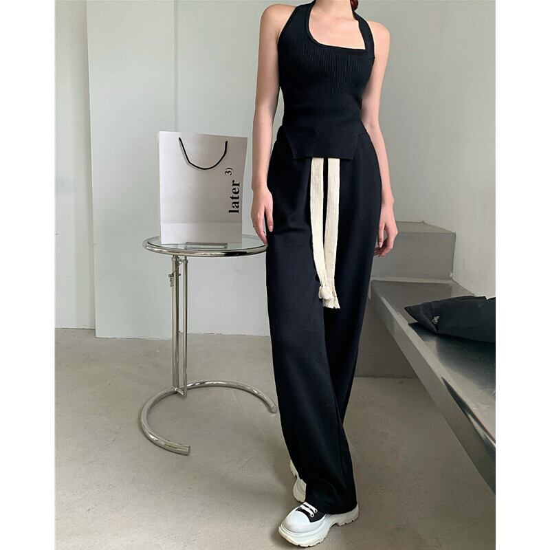 ギャザーブラックカジュアルパンツ レディースサマースタンダードハイウェストウェストルーズ レトロ 夏物 ガールズファッション439474608