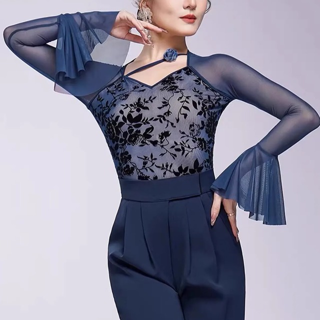 フラワープリント ロングスリーブ フレアスリーブ（ レオタードタイプ）  ds1445