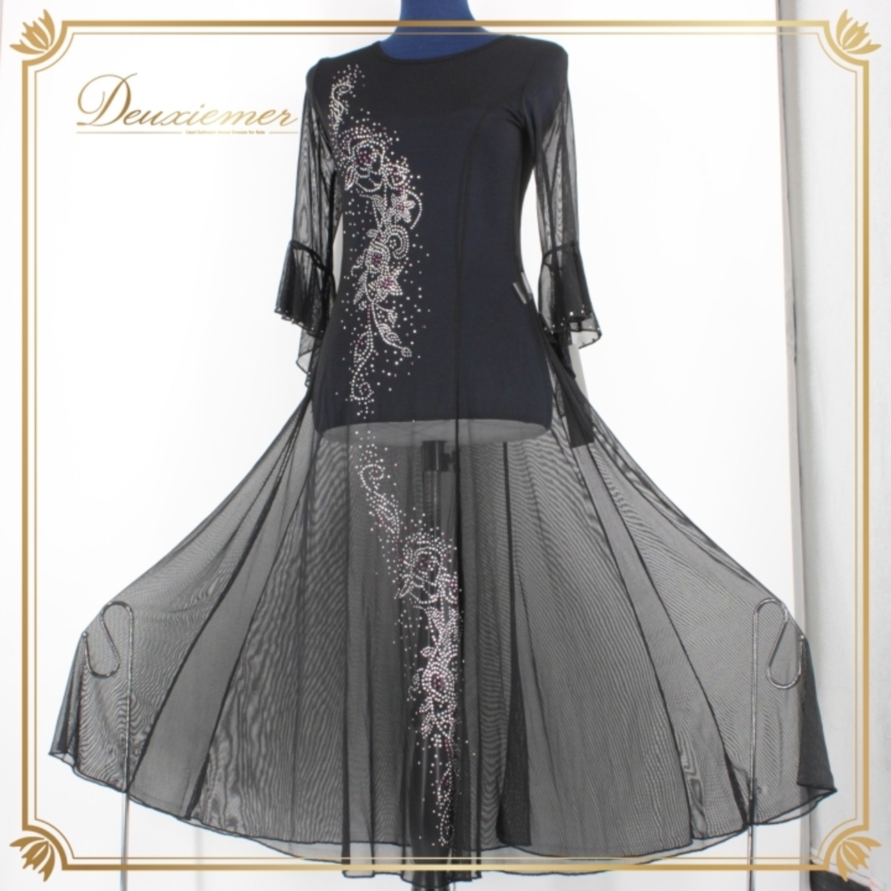 社交ダンス 衣装 スタンダード ドレス ワンピース レッスンウェア パーティ衣装 女性用 レディース オールシーズン Leirena レイリーナ ブラック系 ラインストーン レース ラグジュアリー エレガント フォーマル フェスティバル