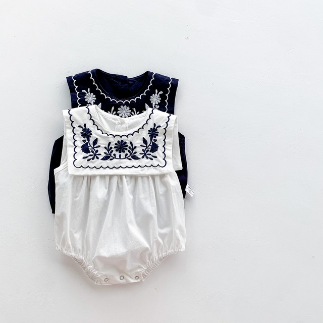 【BABY】フラワー刺繍セーラーカラーノースリーブロンパース - 16