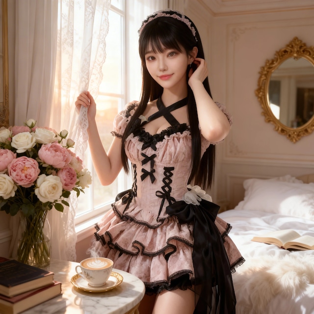 〔ロリータ〕レースアップ×チュールフリルのガーリーロリータワンピース（AE）