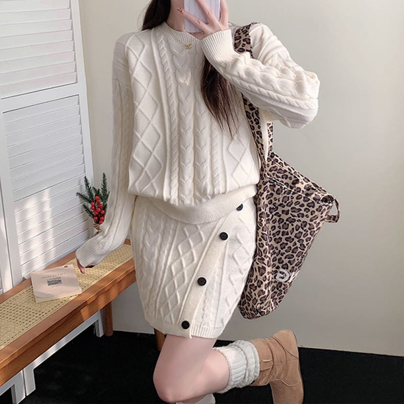 【set】3色展開ニットトップス×ストレートスカートセット Q7868