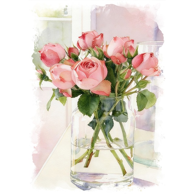 絵画 花(フラワー) ピンクのバラ インテリアアート額付き 水彩画・油絵調 WAT0624