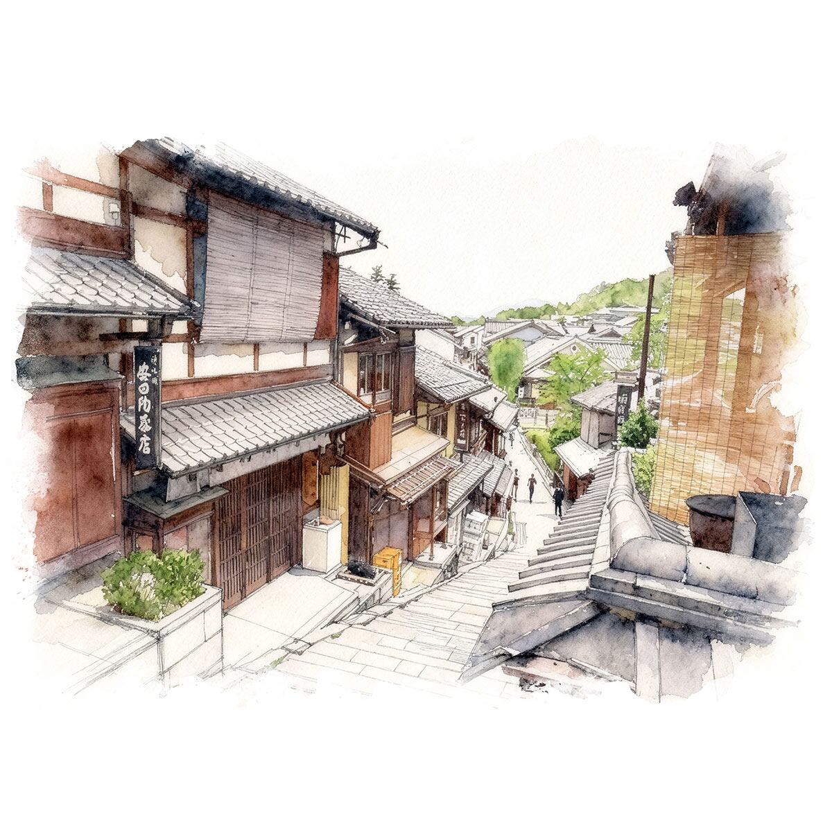 絵画 風景画(街並み) 日本 京都府 二寧坂(二年坂) インテリアアート額付き 水彩画・油絵風 WAT1539