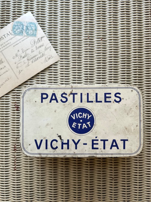 フランス アンティーク VICHY ヴィシーのTin缶 ブルー×ホワイト 20世紀初頭 小物入れ インテリア 撮影小物