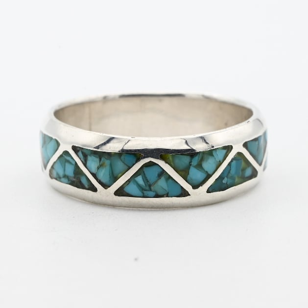 ZIGZAG Design Crushed Turquoise Inlay Band Ring #25.5 / USA
