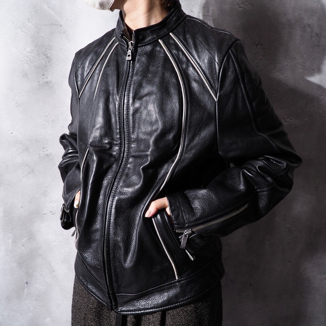 Black leather × reflector gross line embroidery riders jacket