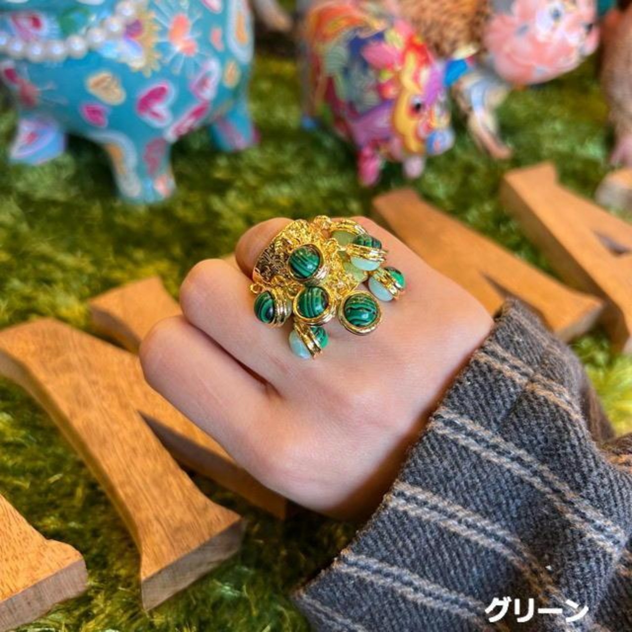 TOPANGA Jewelry 　ヴィンテージカラービーズリング　10号　全2色　マルチ　グリーン