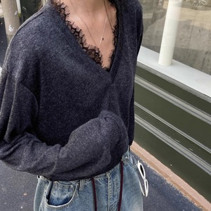 V neck lacy long sleeve tops　RW1264