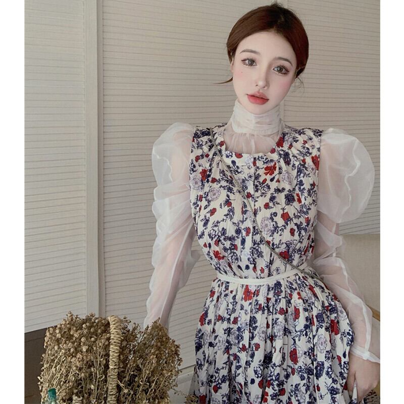 薄手レーススリーブトップス オータムフローラルノースリーブスカート ドレス レディース 秋物 花柄 ガールズファッション36367624373