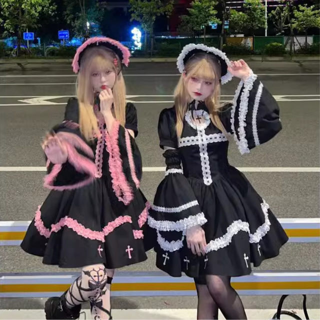 ゴスロリファッション 通販 With U ゴスロリ ワンピース 付け袖付き 十字架 病みかわいい ゴシック ロマンティック ゆめかわ 原宿ファッション 地雷系 量産型 サブカル ろりーた 服