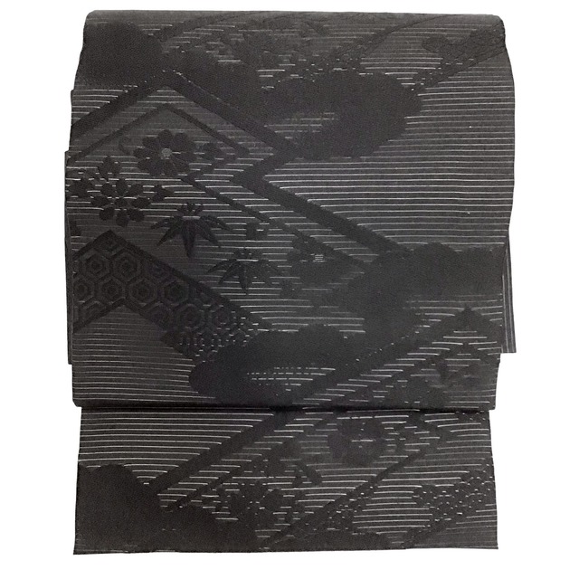 名古屋帯・夏帯・喪服用・花・笹・割付文様・No.200701-1621・梱包サイズ60