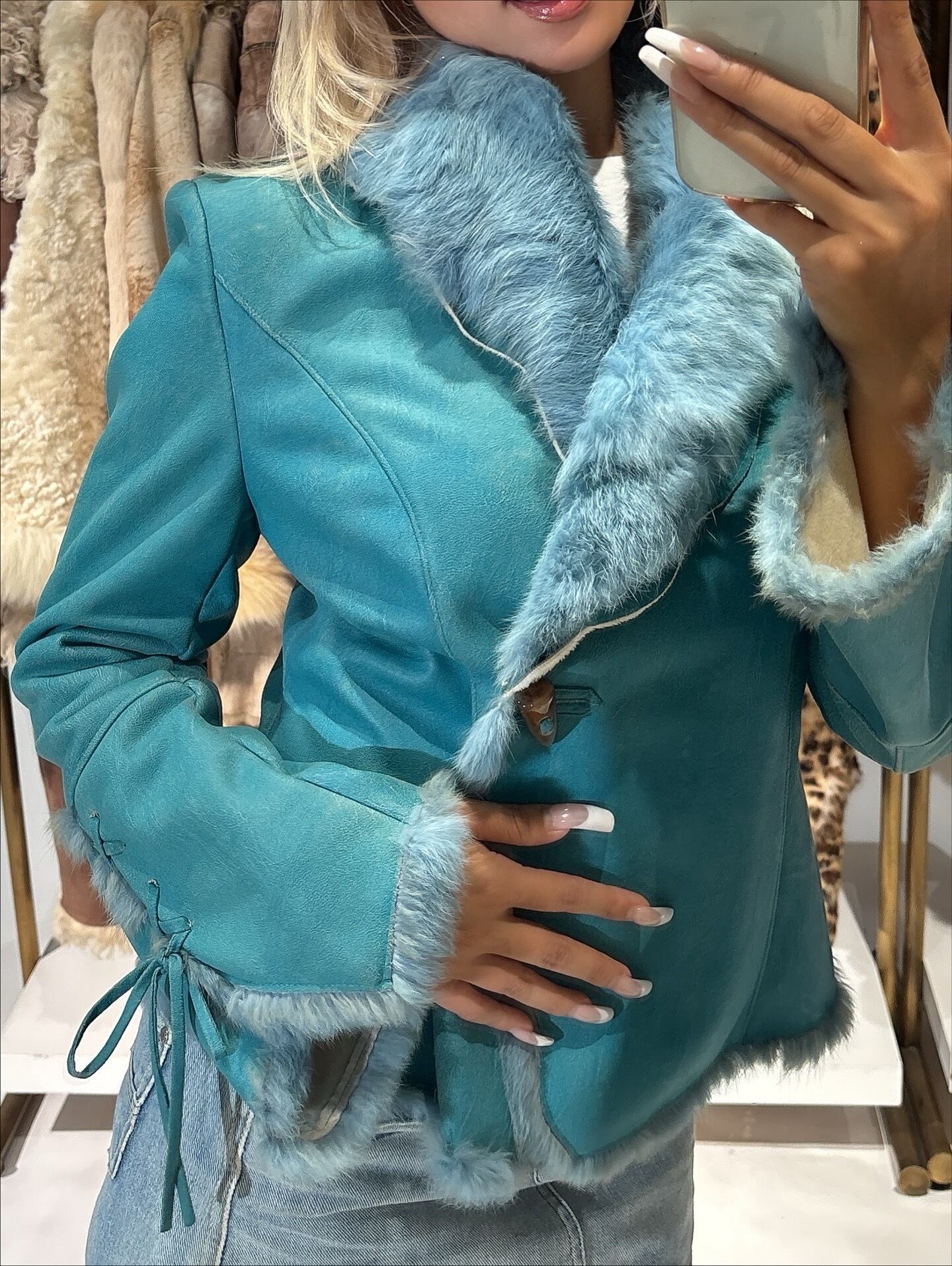 希少♡ヴィンテージ ラビットファー ムートンジャケット ストライプ調 ファー付ムートンライクジャケット(2colors)