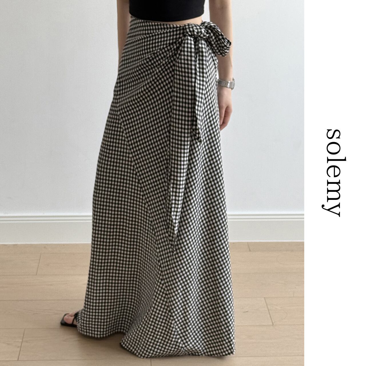 Gingham check side ribbon skirt S1239