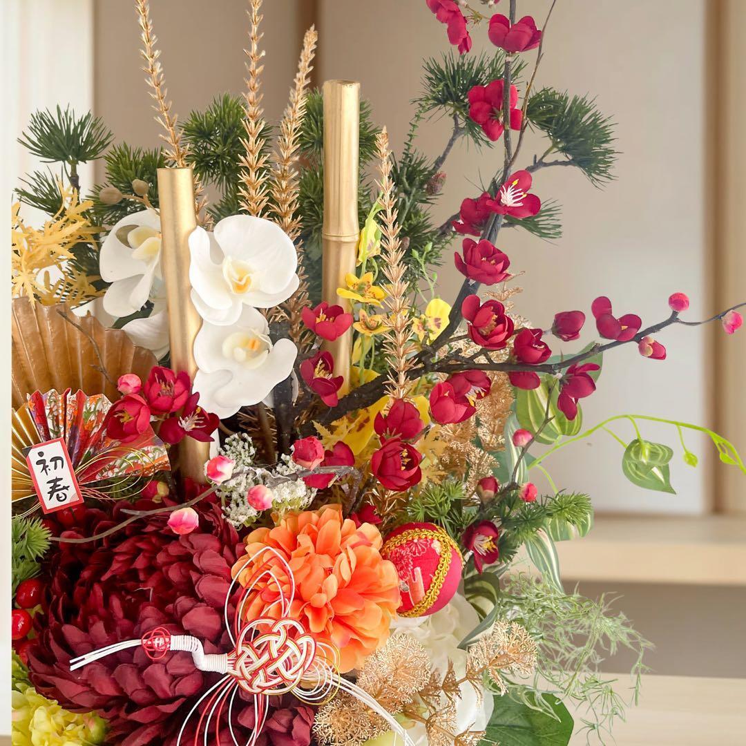 特大LLサイズ迎春角松｜本物帯と乱れ咲き菊の豪華正月アレンジ｜商業用